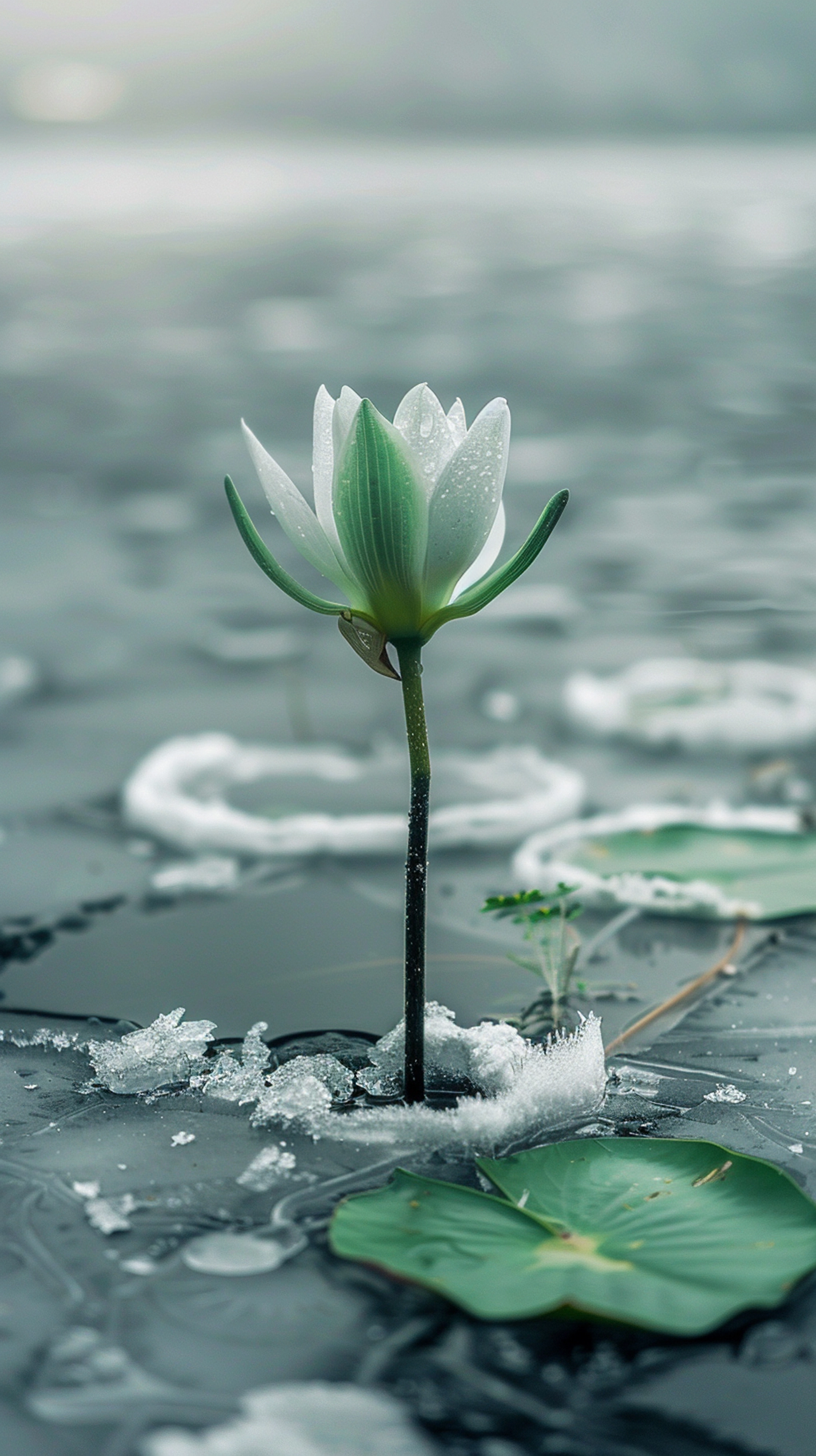Lotus rising through ice — a calm symbol of resilient growth